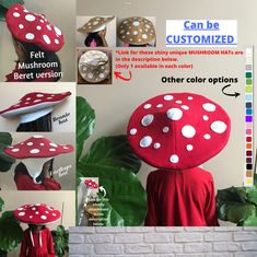 the mushroom hat is red with white polka dots on it, and sits next to a green plant