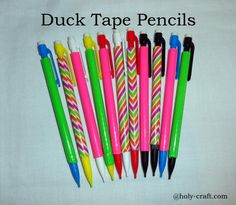 several different colored pens lined up next to each other with the words duck tape pencils on them