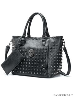 BagForLove - High-Quality Rivet Womens Skull Handbag - Pu Crossbody Purse Punk Style Bags With Rivets For Everyday Use, Alternative Style Bags With Rivets For Everyday Use, Black Riveted Shoulder Bag, Black Rivets Shoulder Bag, Black Punk Style Tote Shoulder Bag, Punk Shoulder Bag For Alternative Fashion, Punk Crossbody Bag With Rivets, Punk Style Crossbody Bag With Rivets, Punk Style Bag With Rivets For Daily Use