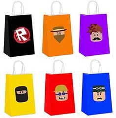 six different colored bags with cartoon characters on them