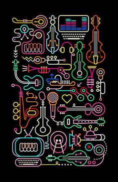 a black background with colorful neon lights and music instruments in the shape of a rectangle