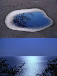 two different views of the same body of water, one is blue and the other is white