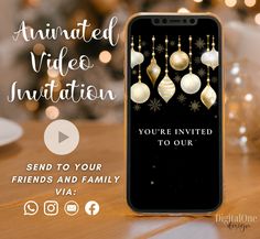 an iphone case with christmas ornaments on it and the words, you're invited to our friends and family via?