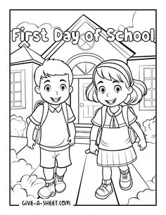 the first day of school coloring page with two children standing in front of a house