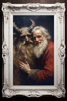 an old man with long white hair and beard holding a horned animal in a frame