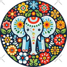 an elephant with flowers on it's head is painted in the shape of a circle