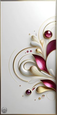 an abstract painting with gold and purple colors on white paper, featuring leaves and bubbles