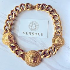 An Iconic Versace Design, This Chunky Chain-Link Necklace Is Embellished With Heritage Medusa Medallions. All Versace Jewelry Items Are Lead And Nickel Free. All Materials Are Hypoallergenic. Chain Necklace Medusa Medallions Hook Fastening Length: 17.7 Inches Long Metal: Brass Finish: Versace Gold Made In Italy Versace Design, Italy Accessories, Versace Necklace, The Scientist, Versace Gold, Versace Jewelry, Stacked Jewelry, Design Jewelry, Chain Link Necklace