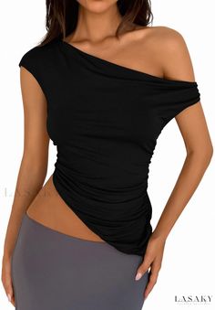 Lasaky - Solid Sleeveless Pleated Asymmetrical Top Collar Sleeveless Top, Cropped Tops, Spring Street Style, Summer Black, Asymmetrical Tops, Women Sleeve, Slim Dresses, One Shoulder Tops, Shoulder Crop Top