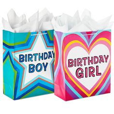 two birthday bags with the words happy birthday girl and star on each bag, both decorated in bright colors