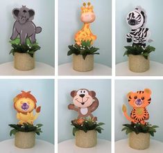 there are many different pictures of stuffed animals in the vases on the table together