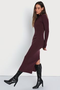 Flaunt your stuff as the leaves fall in the Lulus Autumnal Sensation Plum Purple Ribbed Long Sleeve Sweater Dress! Soft and stretchy ribbed knit shapes this casually chic dress that features two functional tortoise buttons at the mock neckline for a cute detail, all framed by long sleeves. The figure-hugging silhouette shows off your curves just right before falling to a sophisticated midi hem with a kick pleat at back. Pair with your favorite boots for that perfect cold weather look! Fit: This Long Ribbed Bodycon Sweater Dress, Ribbed Long Midi Dress For Fall, Fall High Neck Ribbed Midi Dress, Fall Ribbed High Neck Midi Dress, Fall Ribbed Turtleneck Midi Dress, Fall Turtleneck Ribbed Midi Dress, Long Ribbed Sweater Dress For Fall, Ribbed Turtleneck Midi Dress For Fall, Long Bodycon Sweater Dress For Fall