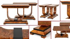 several different views of an art deco table and chair with wood details on the sides