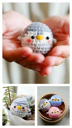 crocheted birds sitting in the palm of someone's hand, and two photos of them