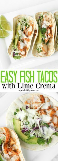 easy fish tacos with lime crema and avocado on the side, ready to be eaten