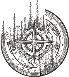 a drawing of a compass with trees in the background