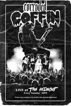 an old concert poster with the band's name on it and some people standing around