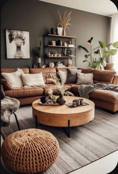 a living room filled with lots of furniture and plants on top of a rug in front of a window