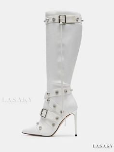 Lasaky - Womens Mid Calf Boots: Cone Heel, Pointed Toe, Elegant PU Leather with Metal Accents White Closed Toe Party Boots, White Closed-toe Party Boots, Party Knee-high Boots With Buckle Closure And Round Toe, White Leather Party Boots, White Leather Knee-high Party Boots, White Leather Knee-high Boots For Party, White Knee-high Party Boots, White Ankle Strap Boots For Spring, White Leather High Heel Knee-high Boots