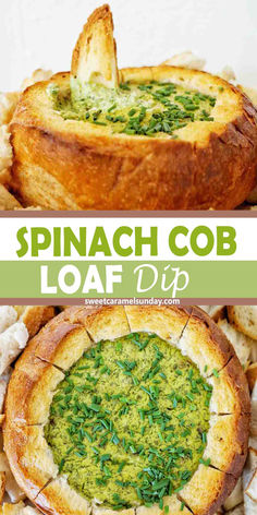 Spinach dip in bread bowl with chopped chives on top. There is text written between 2 images. Baked Dip, Quick And Easy Bread, Bread Bowl Dip, Fancy Appetizer Recipes, Hot Spinach Dip, Spinach Bread