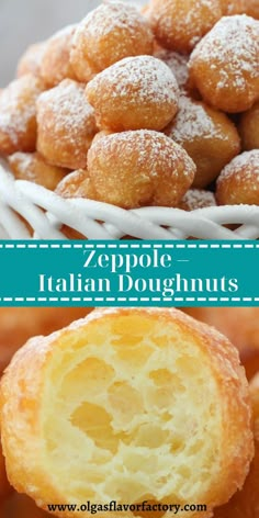 a basket full of italian doughnuts with the words zeppole italian doughnuts