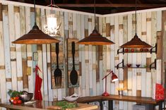 three lamps hanging from the ceiling in a room with wood paneling on the walls