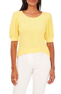 Styled with elbow-length balloon sleeves, this stretchy scoop-neck top pairs well with work or play. 25 1/2" length Scoop neck Elbow-length sleeves 96% polyester, 4% spandex Machine wash, tumble dry Imported Yellow Sun, Yellow Top, Scoop Neck Top, Elbow Length Sleeve, Jersey Top, Balloon Sleeves, Scoop Neck, Balloons, Womens Shirts