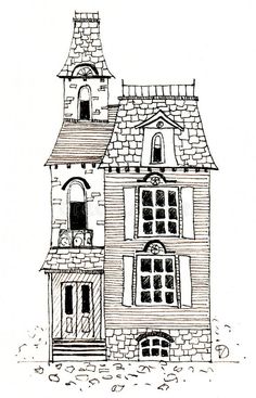 a drawing of a house with windows and a clock tower