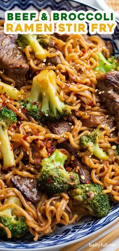 beef and broccoli ramen stir fry on a plate