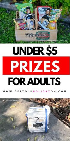 the under $ 5 prizes for adults are on display in front of some trees and bushes