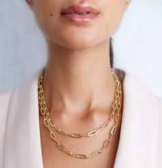 Saffy Jewels Necklaces Layla- Chunky style Link Chain Chic Chunky Chain Paperclip Bracelet With Oval Links, Chic Paperclip Bracelet With Chunky Oval Links, Chic Chunky Chain Link Paperclip Bracelet, Oval Link Cable Chain Necklace For Layering, Modern Double Chain Necklace For Everyday, Modern Link Chain Necklace For Layering, Timeless Gold Chain Necklace, Formal Chunky Chain Paperclip Necklace, Formal Paperclip Shape Chunky Chain Necklace