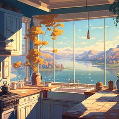 a painting of a kitchen with an island in the middle and a lake out front