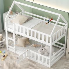 a white bunk bed sitting on top of a rug