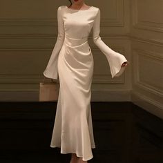 Elegant Dresses Full Sleeve, Long Bell Sleeve Satin Dress, French Satin Dress, Flair Sleeves Dress, Last Bell Outfit, Pretty Dresses Short Classy, White Modest Maxi Dress, White Dress Sleeve, Satin Dresses White