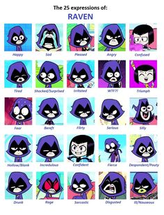 an image of cartoon character expressions for the animated series ravenn, which is also in english and spanish