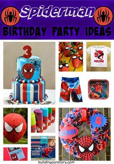 spiderman birthday party ideas including cake, cupcakes and napkins for kids