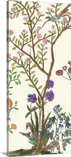 an illustration of flowers and birds on a white background with pink, purple, green leaves