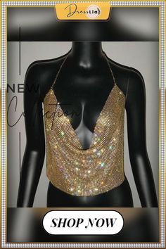 Festivalqueen Brilliant Rhinestone Backless Party Crop Top Women Summer Deep V Neck Night Club Diamonds Metal Tank Tops Glamorous Gold Halter Top For Evening, Elegant Gold Halter Top For Party, Glamorous Rhinestone Halter Top For Party, Glamorous Gold Halter Top For Party, Gold Backless Halter Top For Party, Metallic Disco Tank Top For Club, Metallic Cropped Top For Club, Metallic V-neck Top For Night Out, Metal Tank Top