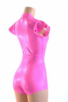 "This item is made to order, please read all the way through the listing before purchasing! This bodysuit is made of a neon pink metallic holographic spandex. Flip sleeves and boy cut legs. This fabric has an amazing holographic sparkle! Deep, plunging v neckline. Four way stretch for a figure forming fit. This bodysuit is unlined. Womens Sizing (See below for instructions on where measurements should be taken) XXS: Bust 29\"-30\" / Waist 22\"-23\" / Hips 30\"-32\" Extra Small: Bust 31\"-32\" / Metallic Shiny High Stretch Unitard, Metallic High Stretch Unitard For Party, Pink Stretch Unitard For Parties, Sleeveless Pink Bodysuit For Club, Fitted Pink Bodysuit For Party, Pink Fitted Dancewear Bodysuit, Fitted Pink Dancewear Bodysuit, Fitted Pink Bodysuit For Dancewear, Metallic Shimmer Fitted Bodysuit