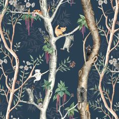 an animal themed wallpaper with cats in the trees