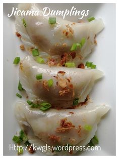 three dumplings on a white plate topped with green onions