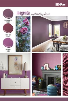 the interior is painted in purple and has many different things to choose from, including a table