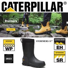 Cat Footwear’s Stormers collection is redefining tough modern footwear for wet conditions. This waterproof rubber boot has best-in-class traction, comfort and style. Re-imagined for all day movement, Stormers is the best rubber boot as you build a better future. KEY FEATURES • Includes a FREE FACEMASK• Tested best-in-class traction with slip-resistant and oil resistant rubber• Multi-layered vulcanized rubber provides extra water protection and durability at key stress points• Cat Footwear’s Ease Black Caterpillar, Wedge Work Boots, Rubber Boot, Work Boots Men, Black 13, Better Future, Goodyear Welt, Hunter Boots, Black Rubber