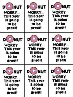 the words donuts are in pink and black with white letters on them, as well as an image of doughnuts