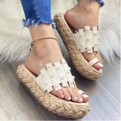 Brand from China: Moonlit Valley. Color: White, Materials: 100% PU, Size: N/A, Care: N/A Summer Shoes 2022, Straw Slippers, Women Summer Shoes, Shoes 2022, Pearl Beach, Casual Wedges, Slippers Online, Womens Summer Shoes, Beach Slippers