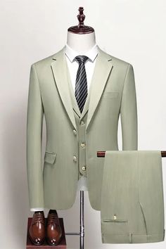 Classic Green Blazer For Groom, Elegant Green Suits In Suiting Fabric, Elegant Green Slim Fit Suits, Classic Green Wedding Blazer, Elegant Green Suit With Notch Lapel, Green Three-piece Suit For Wedding With Suit Collar, Green Notch Lapel Three-piece Suit For Wedding, Green Slim Fit Tuxedo For Formal Occasions, Classic Green Three-piece Suit Single Breasted