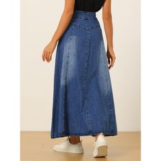 This casual skirt, designed with a high waist and flare design, adds a touch of fashion to your wardrobe. The washed denim fabric and a maxi design are a great highlight, full of a sense of detail and design. This skirt is easily paired with any leisure top for a casual and vintage look. Full-length Denim Blue Maxi Skirt, Non-stretch Wide Leg Denim Skirt, Non-stretch Denim Wide Leg Skirt, Non-stretch Denim Wide-leg Skirt, Denim Blue Full-length Maxi Skirt, Full Length Denim Blue Maxi Skirt, Casual Medium Wash Full-length Maxi Skirt, Dark Wash High Rise Casual Maxi Skirt, Casual High Rise Dark Wash Maxi Skirt