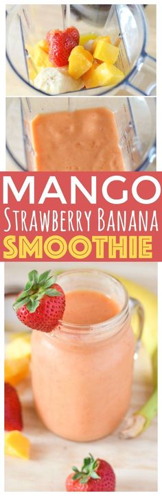 mango strawberry banana smoothie in a mason jar