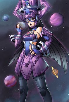 an anime character in space with planets around her