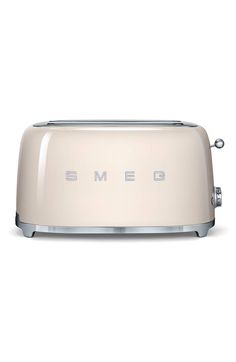 a toaster with the word smeg on it's front and side panels